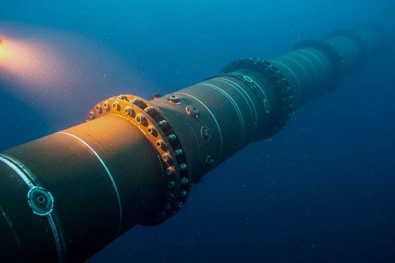 A subsea pipeline under a survey lamp.