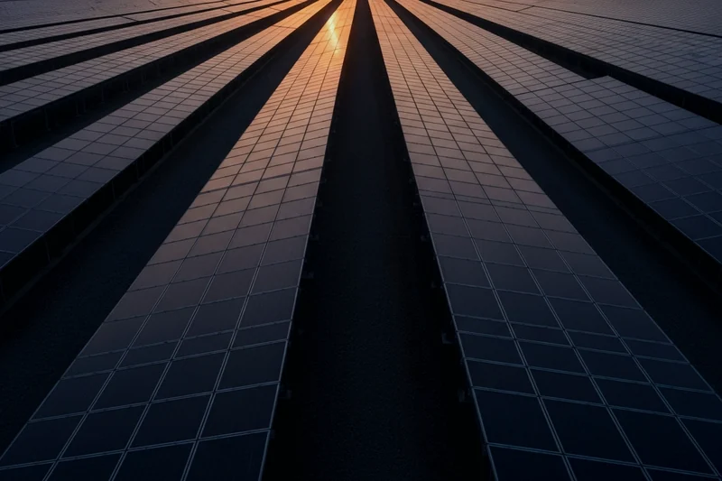 Rows of ground-mounted solar panels at dusk.