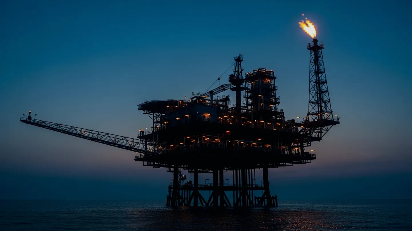An offshore production platform at blue hour, deck lit by amber work-lights.